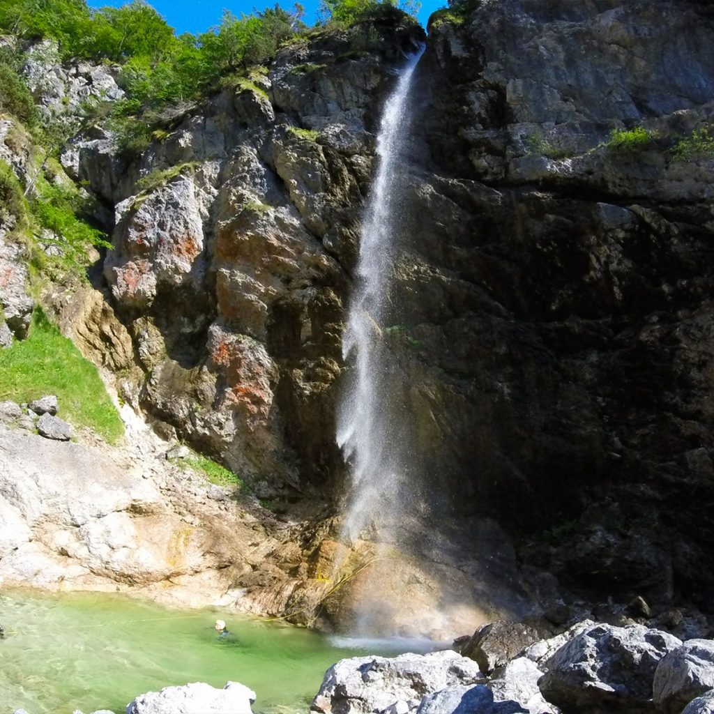 Parabola waterfall in Fratarica is one of the highest that you encounter when canyoning in Bovec.